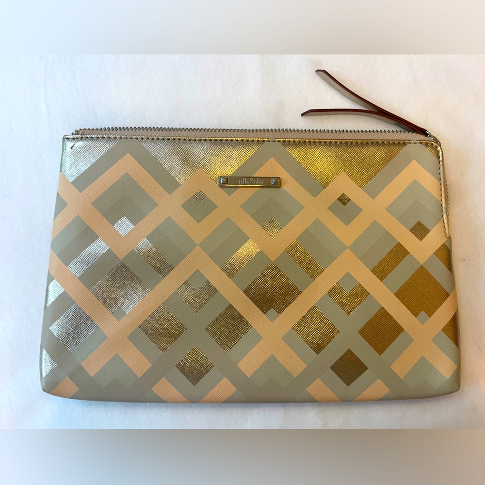 Stella and Dot Gold Silver Metallic Clutch Geometric Design 10 x 6 inches